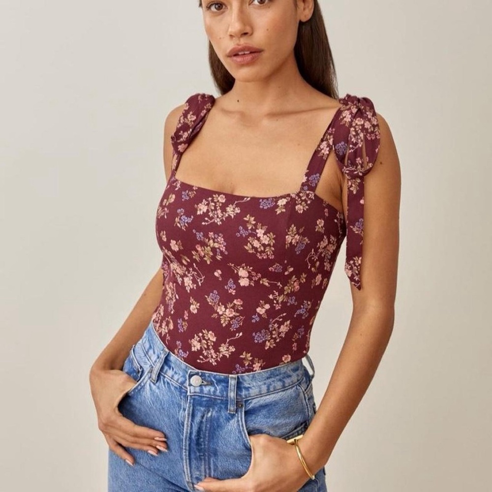 Reformation Ellora Top in Chantelle - Floral Burgundy Top